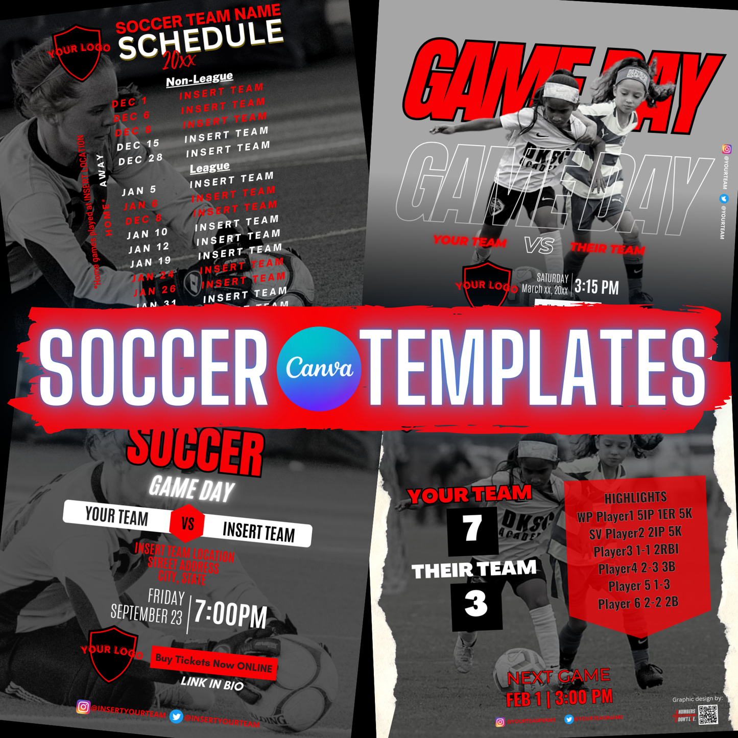 DIY Soccer Bundle - Editable Canva Templates (red and black)