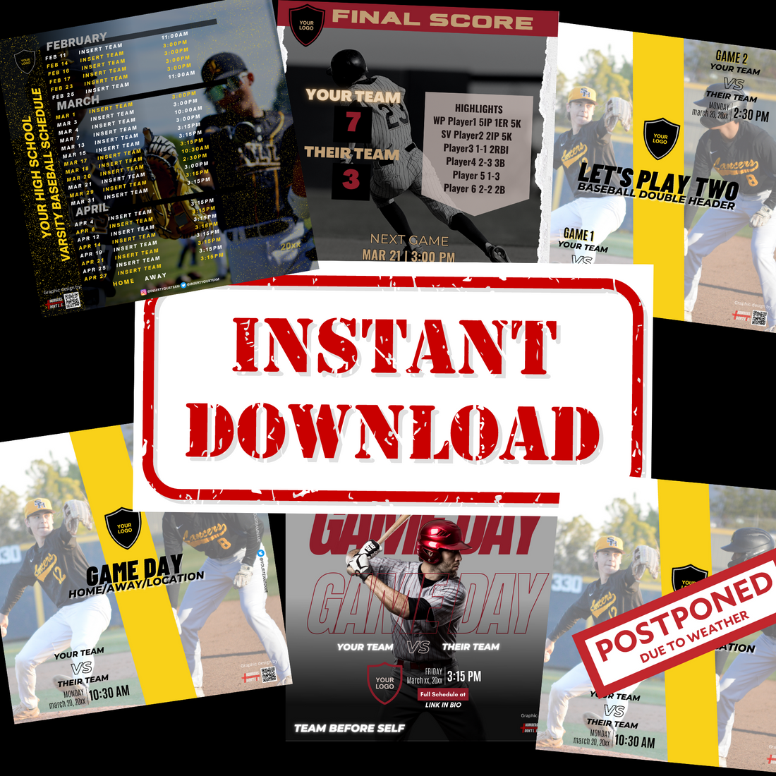 Editable baseball social media Canva templates for team schedules, game day graphics and final scores