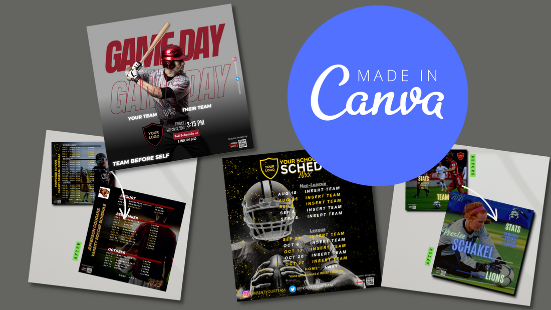 sample sports graphic templates, Canva, baseball, football, and soccer