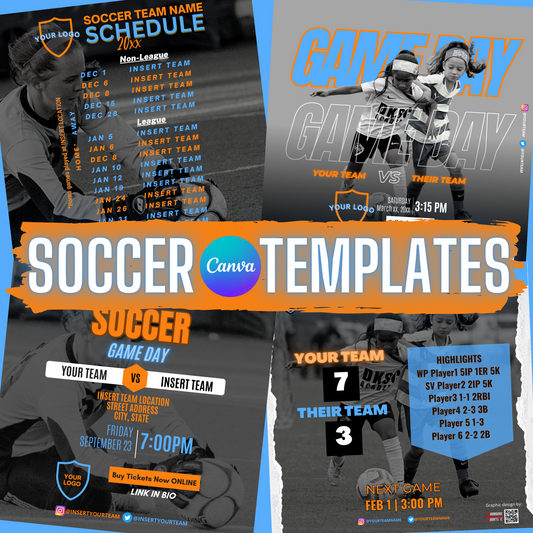 Editable soccer graphics templates for teams in Canva