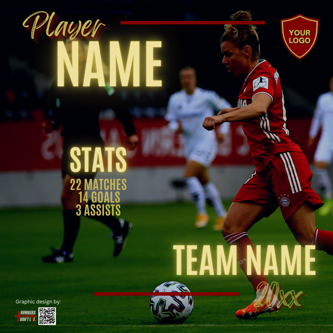 Example of a Canva-designed player profile featuring a woman soccer player, complete with performance statistics and team logo.