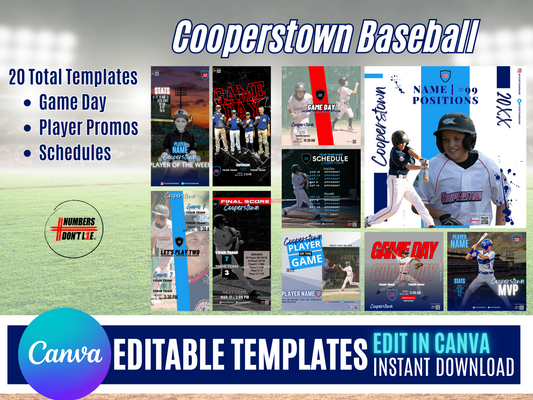 Editable Cooperstown baseball Canva templates for tournament week team social media graphics