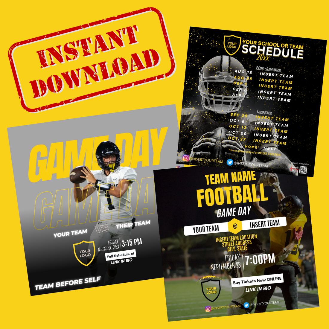 Editable football social media Canva templates for team schedules and game day graphics