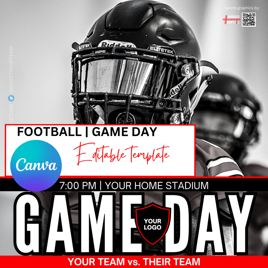 Editable football game day Canva template for coaches, athletic departments, teams and parent volunteers