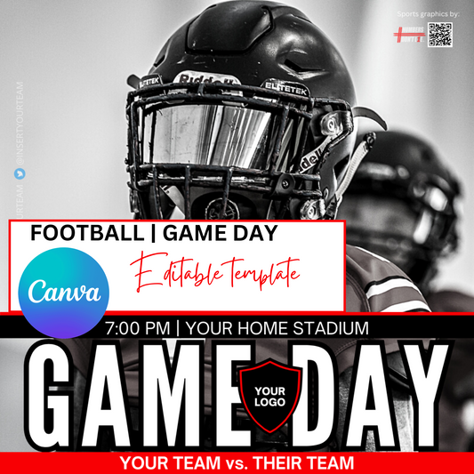Editable football game day Canva template for coaches, athletic departments, teams and parent volunteers
