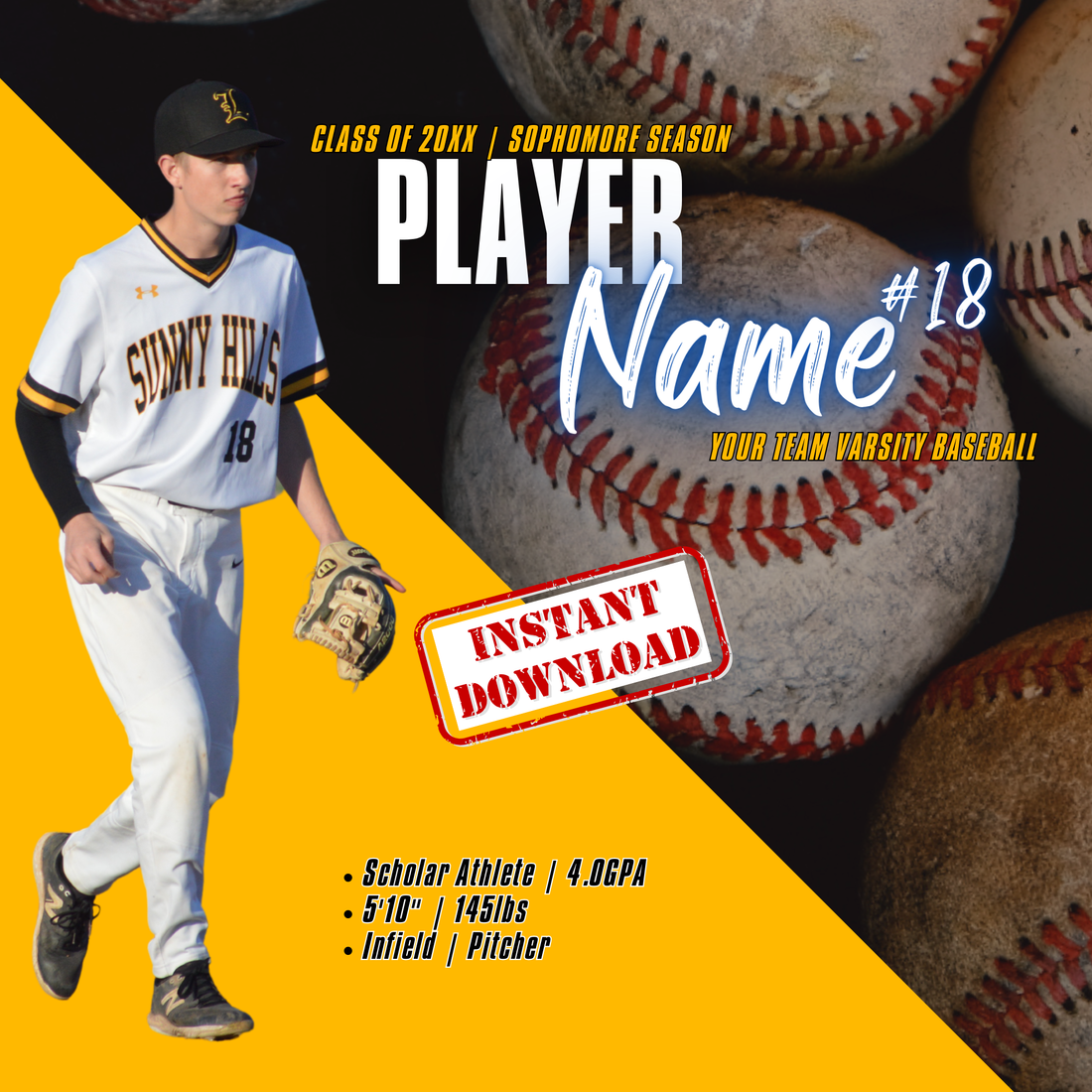 Editable baseball player spotlight graphic template in Canva for teams