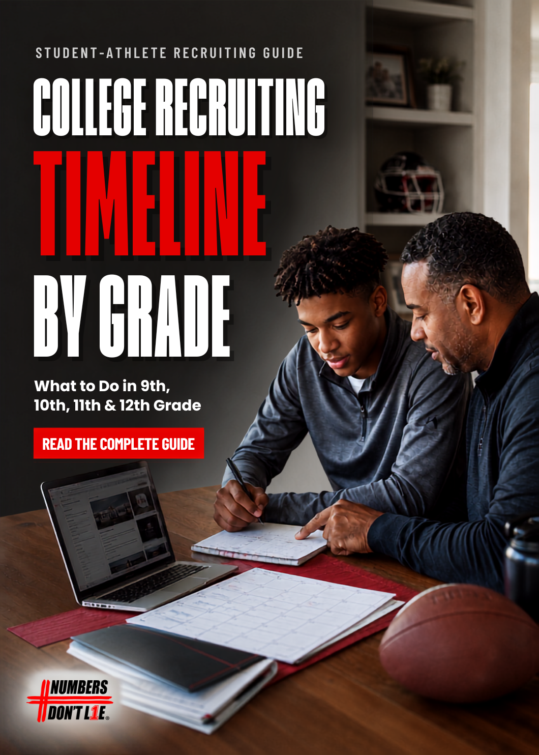 Father helping a high school student-athlete plan a college recruiting timeline by grade