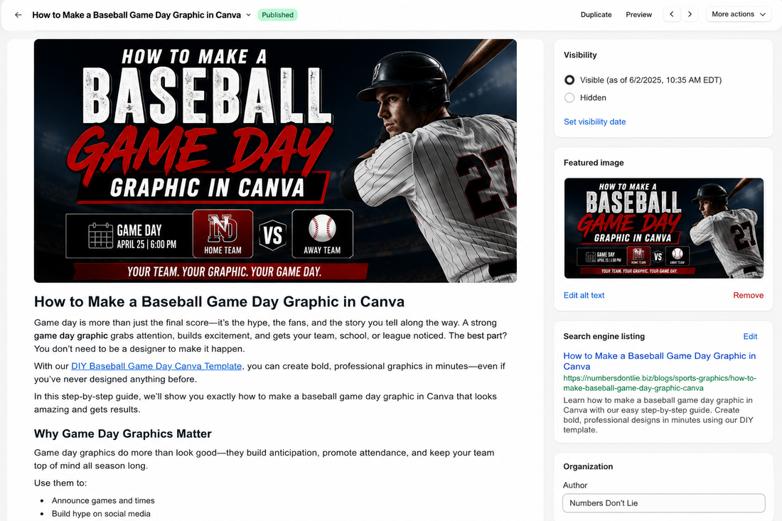 Baseball player and game day graphic illustrating how to make a baseball game day graphic in Canva