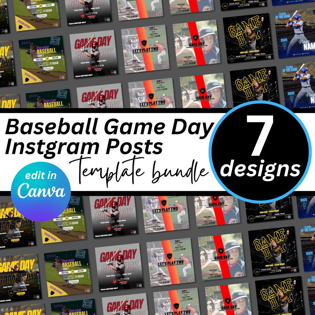 Editable baseball game day Canva templates for teams, coaches and team social media