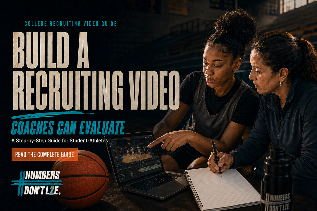 Student-athlete and coach building a college recruiting highlight video while reviewing basketball footage.