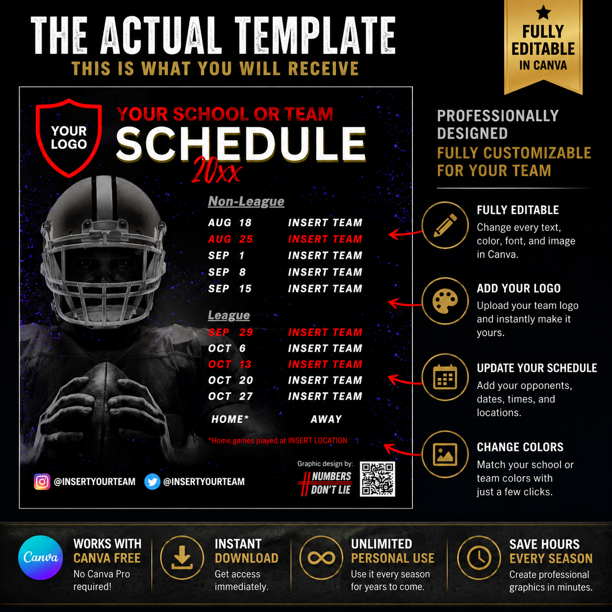 Editable Football Schedule Canva Template | Social Media Graphics for Coaches & Teams