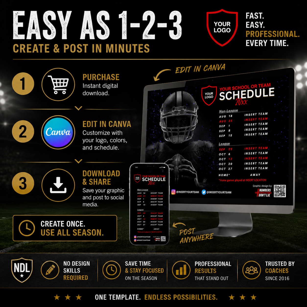 Editable Football Schedule Canva Template | Social Media Graphics for Coaches & Teams