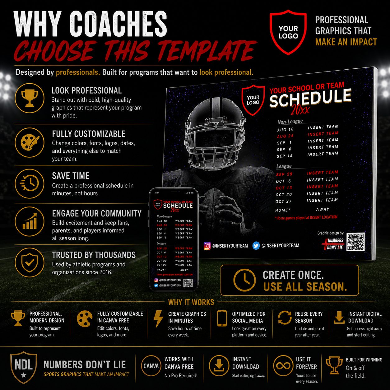 Editable Football Schedule Canva Template | Social Media Graphics for Coaches & Teams